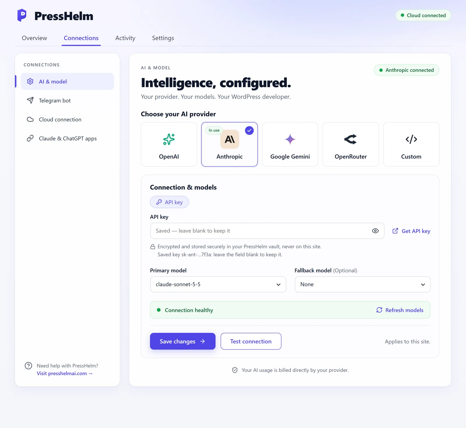 Connect AI in WordPress: provider tiles, API key, primary and fallback model, connection status and Save changes